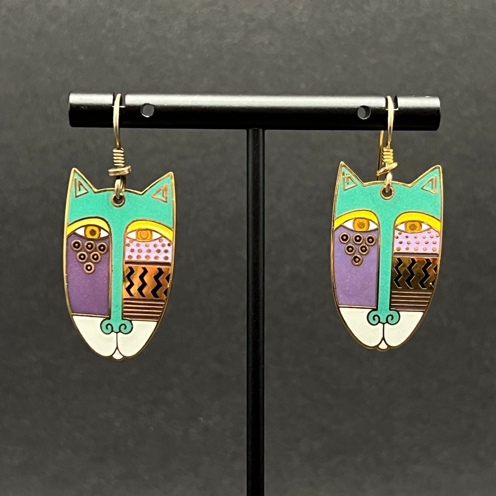 Vintage Laurel Burch Earrings Native Cats Gold Tone Teal Purple Enamel